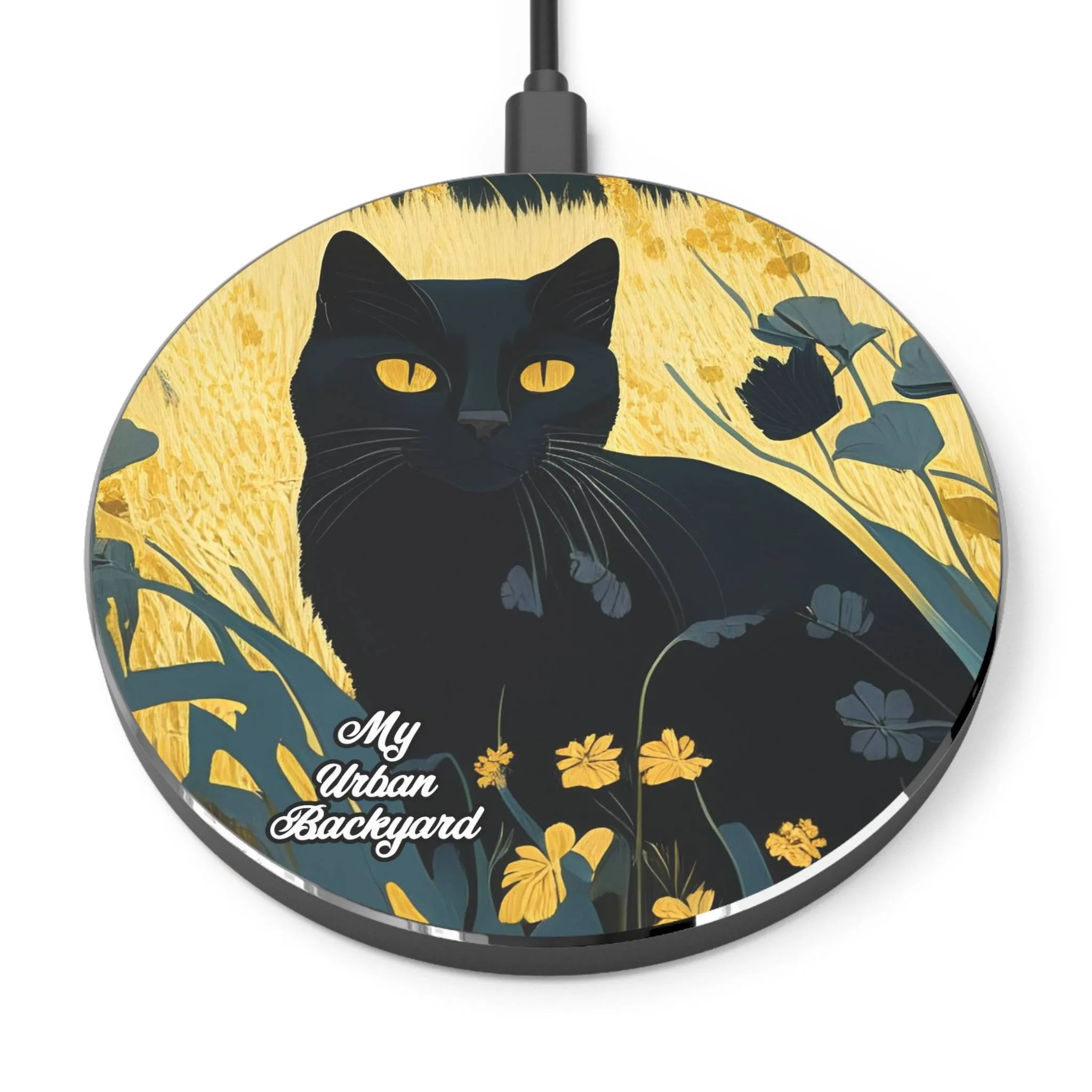 Black Cat with Black Flowers, 10W Wireless Charger for iPhone, Android, Earbuds