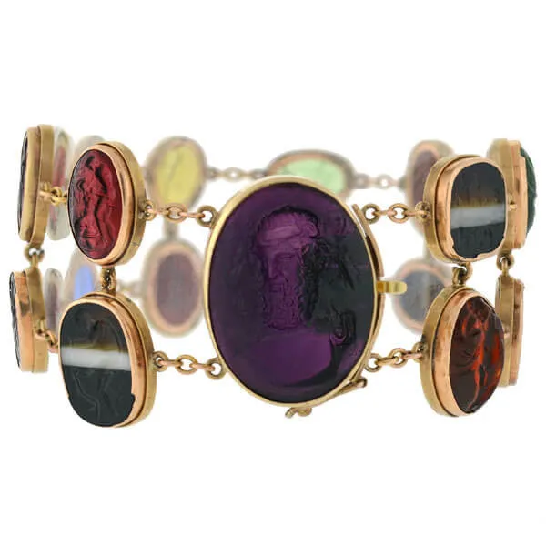 Early Victorian 14kt Glass Tassie & Agate Intaglio Link Bracelet