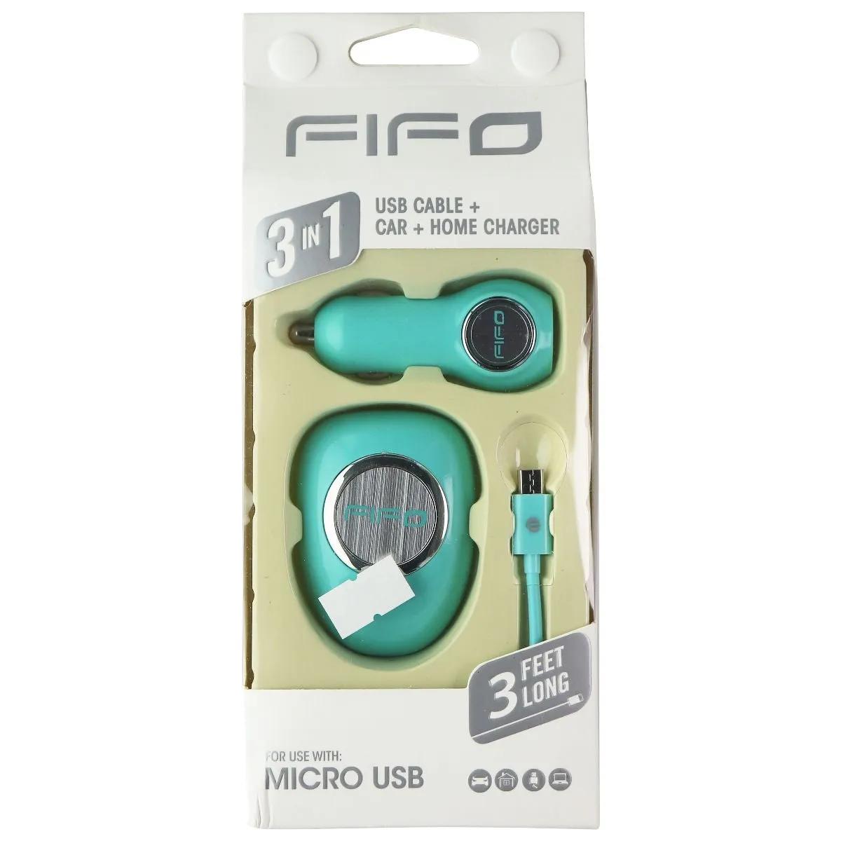 FIFO 3-in-1 Car   Wall USB Charger and 3-Ft Micro-USB Cable Combo - Teal