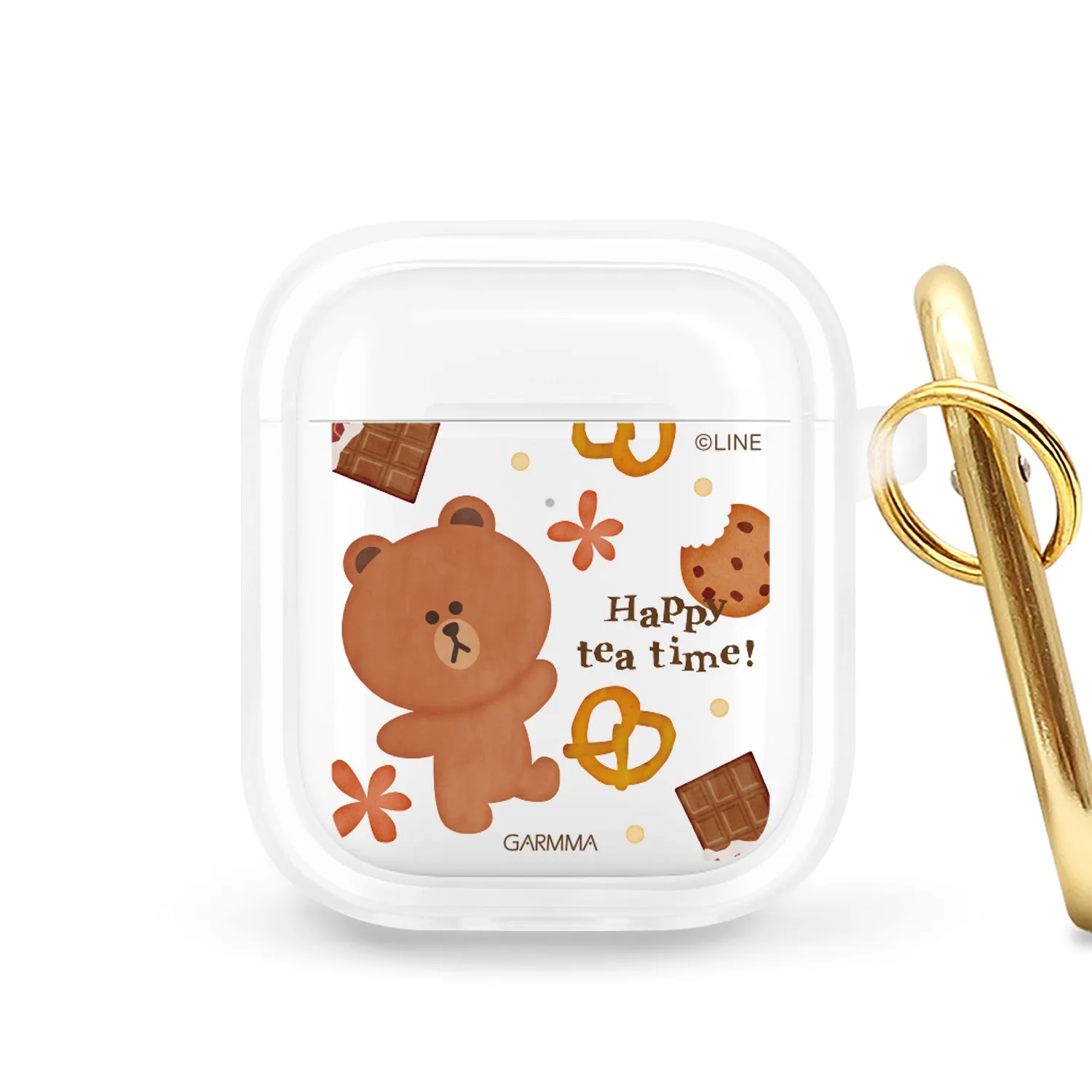 GARMMA Line Friends Happy Tea Time Apple AirPods Pro 2/1 & AirPods 3/2/1 Charging Case Cover with Carabiner Clip