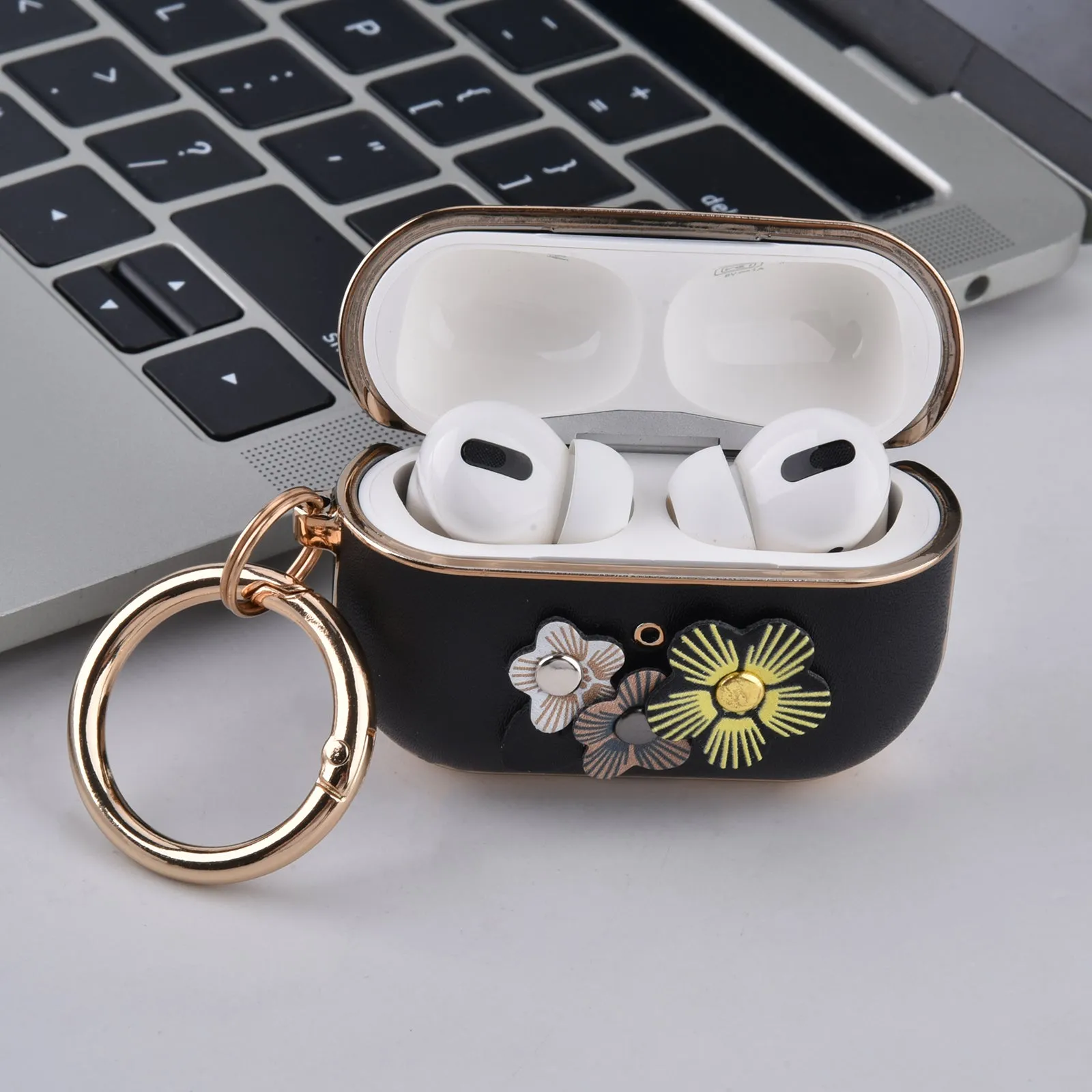 Genuine Leather Case for Apple AirPods Pro with Keychain-Floral Designs