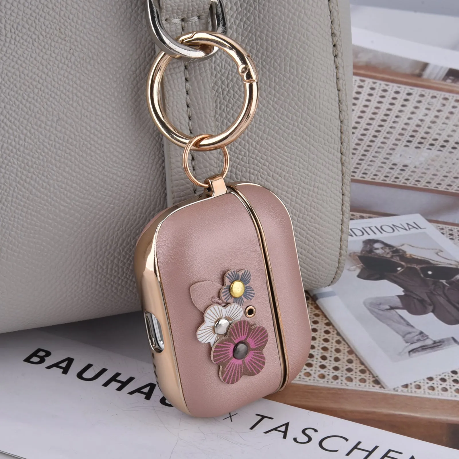 Genuine Leather Case for Apple AirPods Pro with Keychain-Floral Designs