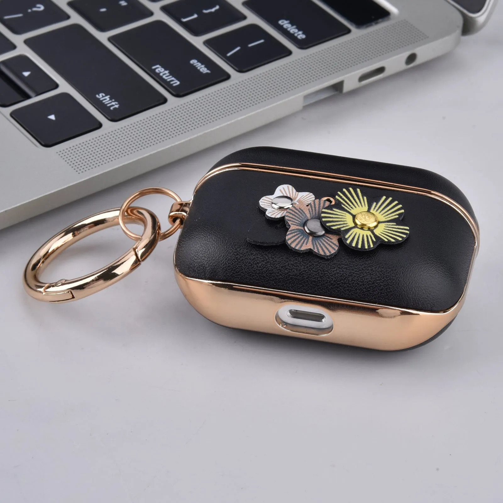 Genuine Leather Case for Apple AirPods Pro with Keychain-Floral Designs