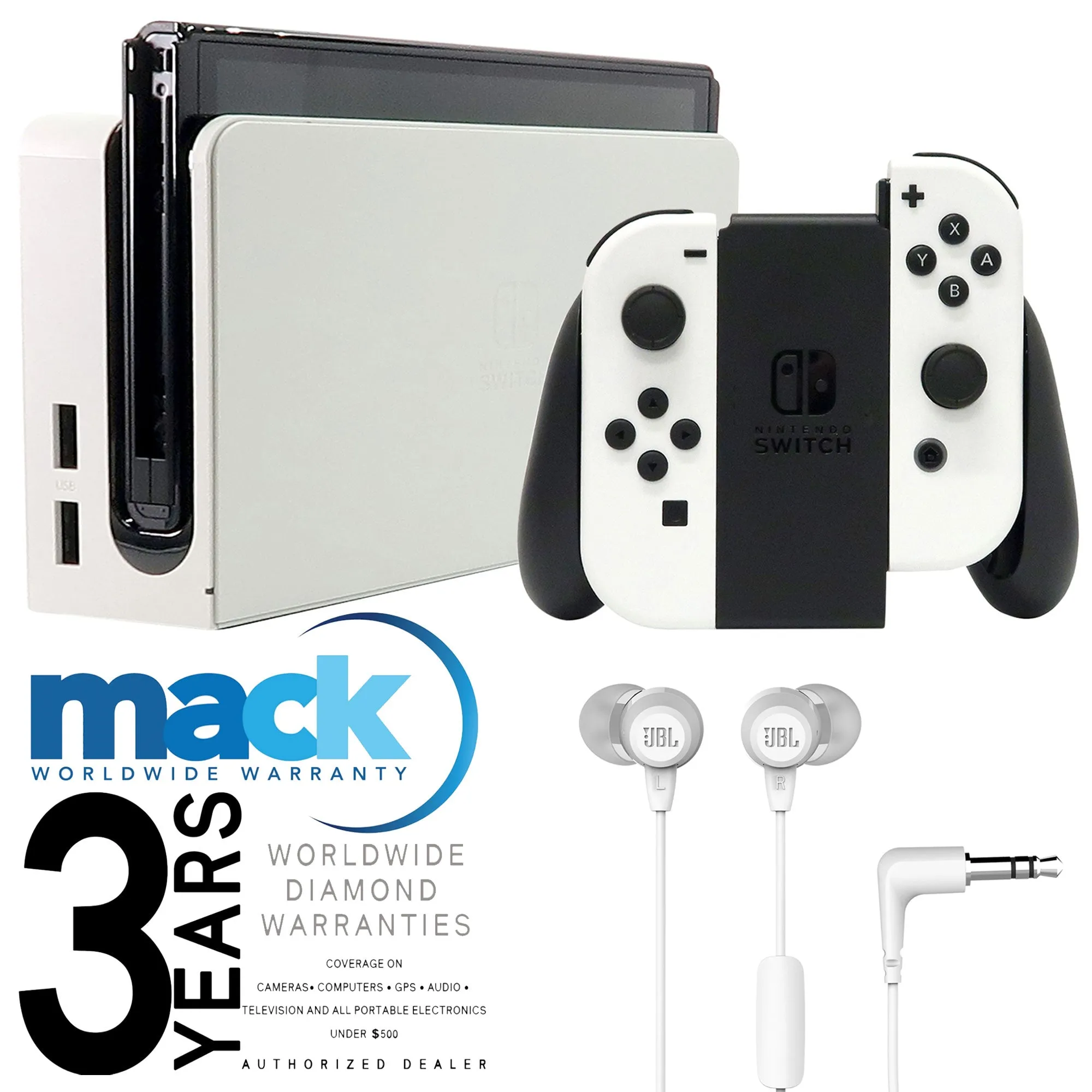 Nintendo Switch (OLED model) White Joy-Con with JBL C50HI In-Ear Headphones White and Mack 3yr Worldwide Diamond Warranty for Portable Electronic Devices Under $500