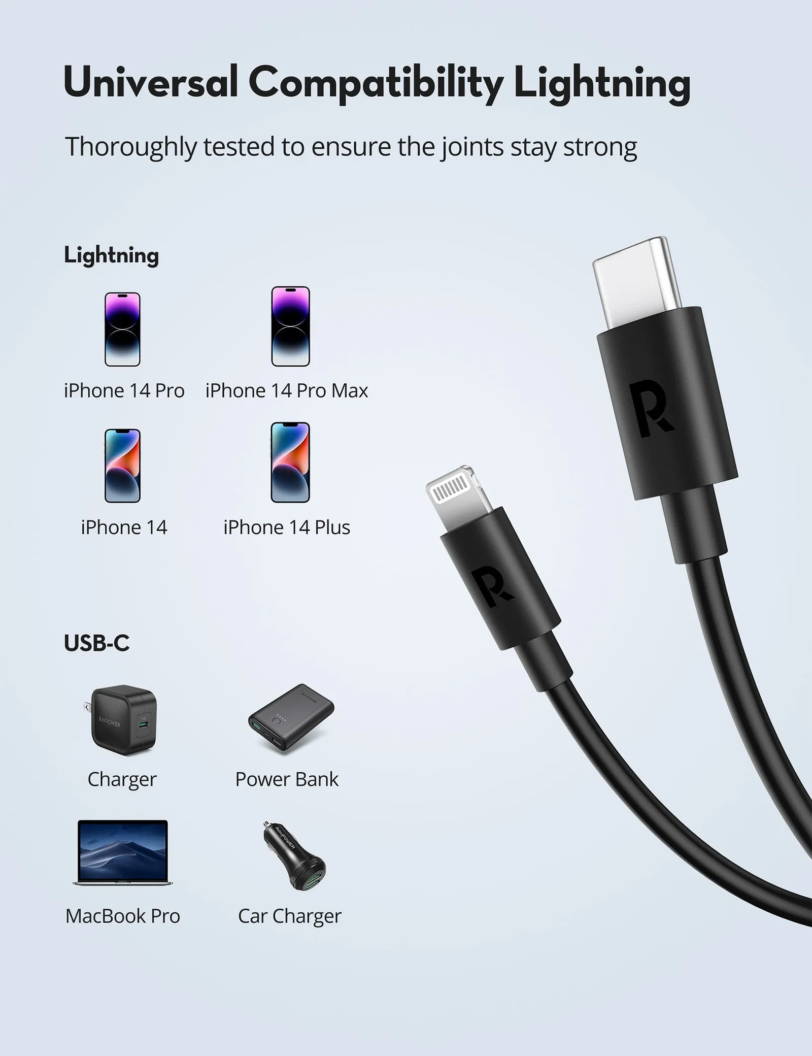 RAVPower RP-CB1034 Type C To Lightning cable Black TPE 3m