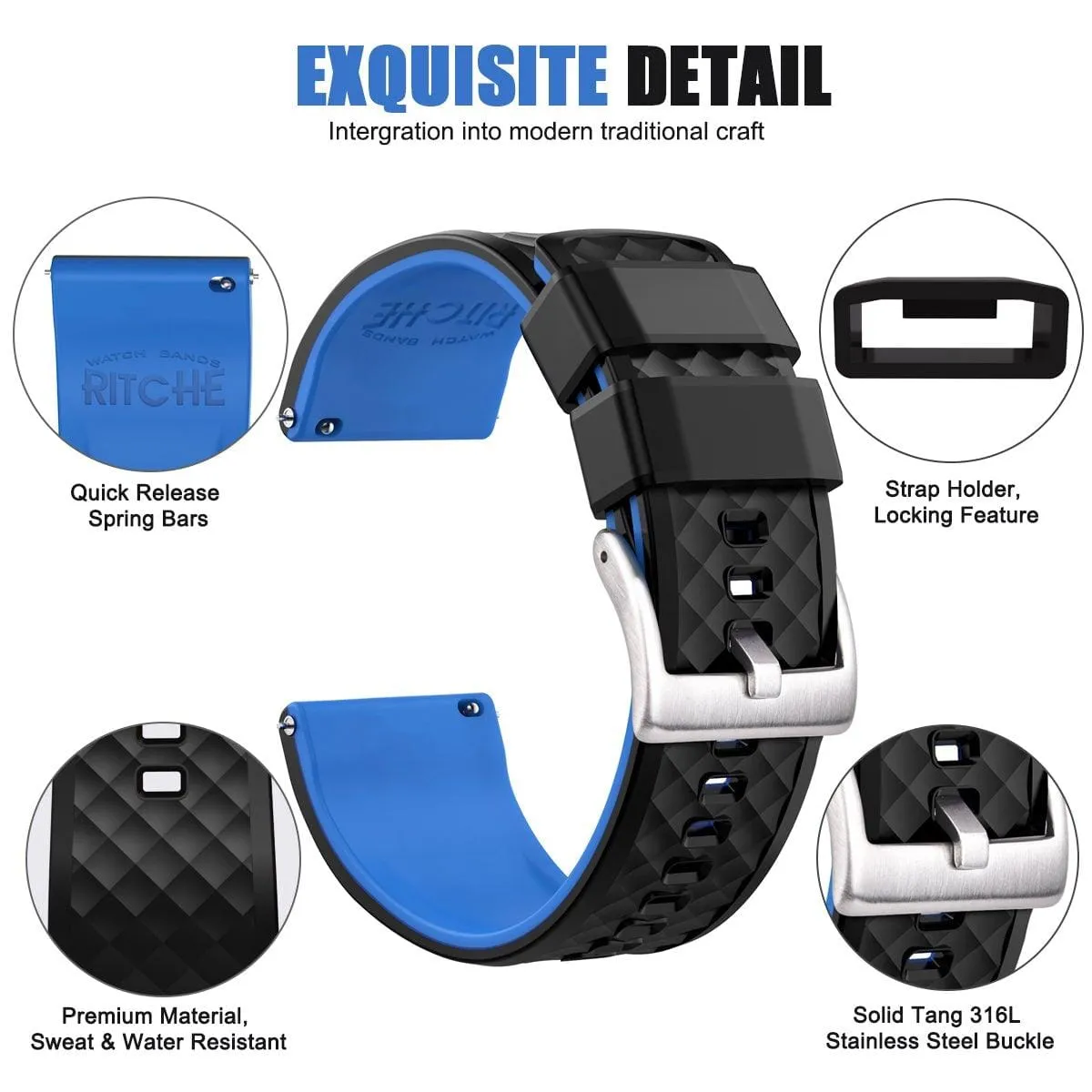 Ritche Black/Blue Classic Silicone Rubber Watch Bands