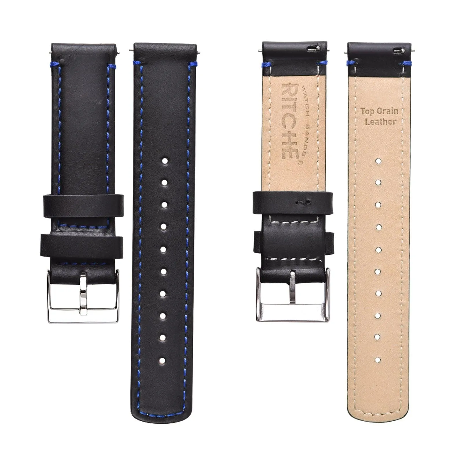 Ritche Black/Blue Stitching Top Grain Leather Watch Bands