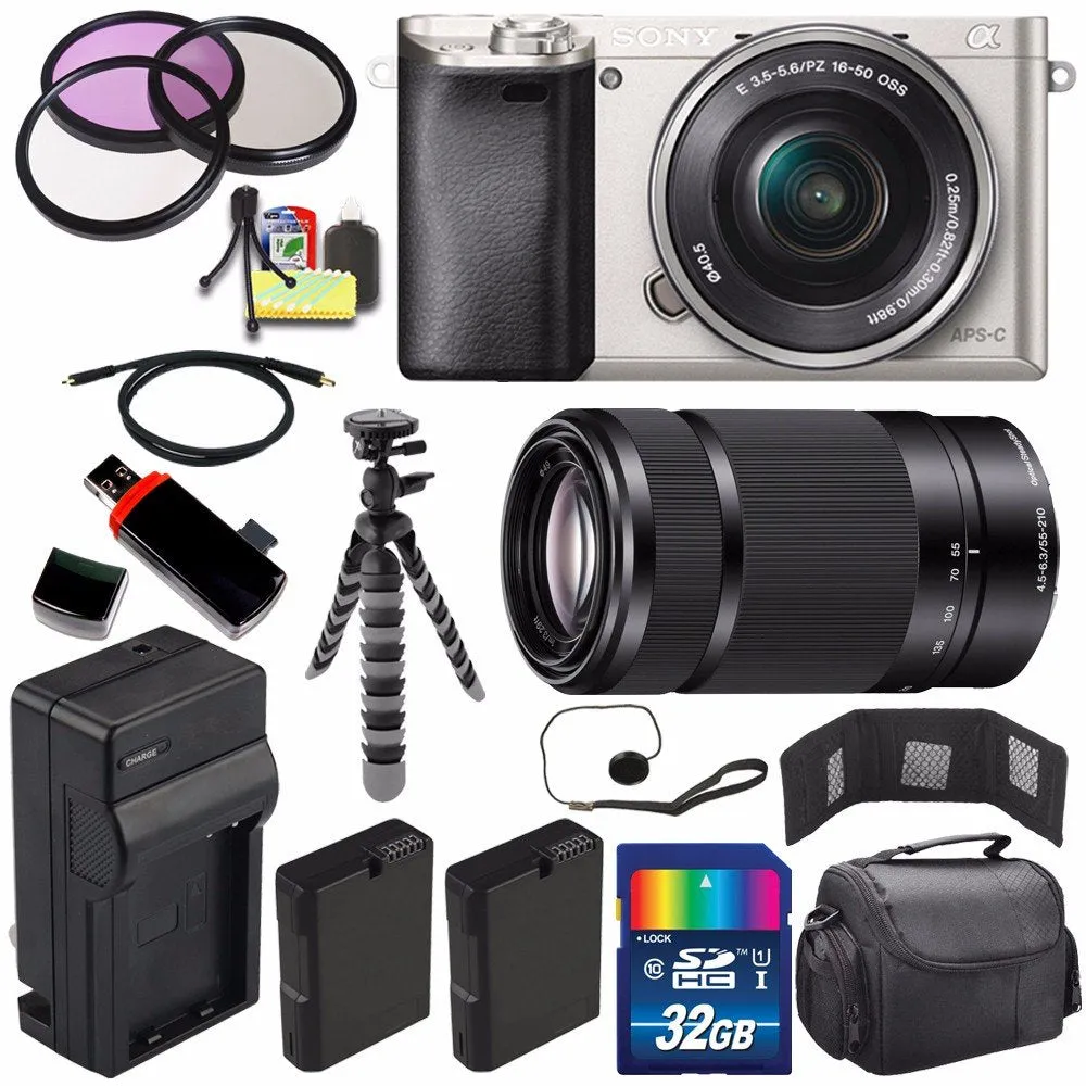 Sony Alpha a6000 Mirrorless Digital Camera with 16-50mm Lens (Silver)   Sony E 55-210mm f/4.5-6.3 OSS E-Mount Lens 32GB Bundle