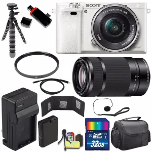 Sony Alpha a6000 Mirrorless Digital Camera with 16-50mm Lens (White)   Sony E 55-210mm f/4.5-6.3 OSS E-Mount Lens 32GB Advanced Bundle