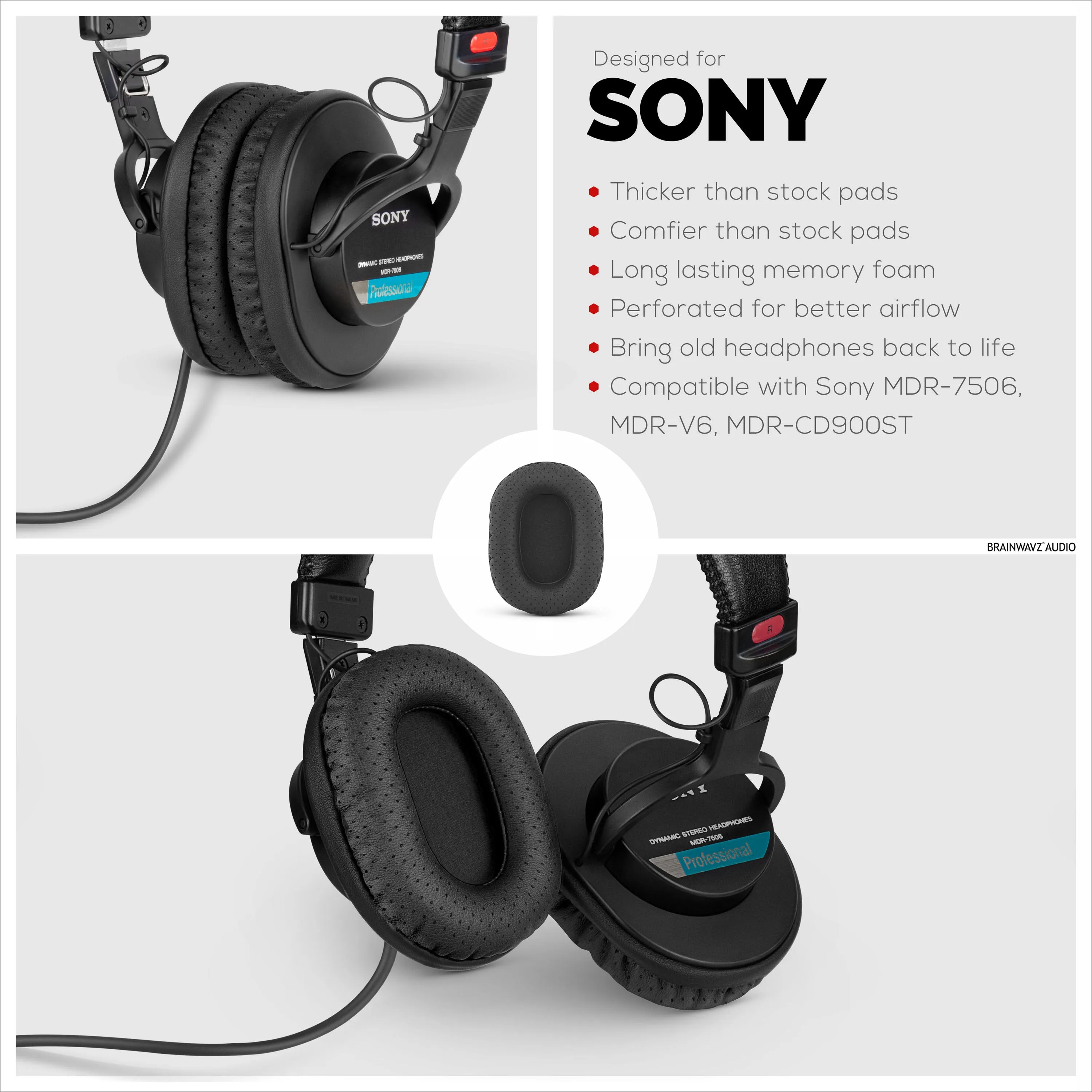 SONY MDR-7506 Perforated Replacement Earpads Also Suitable for V6, CD900ST Headphones (PERF)