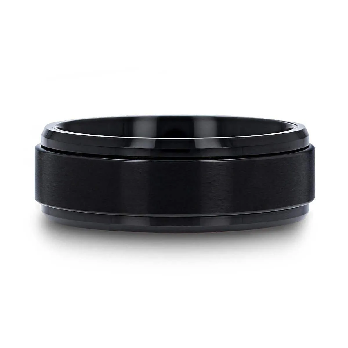 Thorsten REVOLVE Black Tungsten Brushed Finish Spinner Ring Polished Base Spinning Wedding Band - 6mm & 8mm