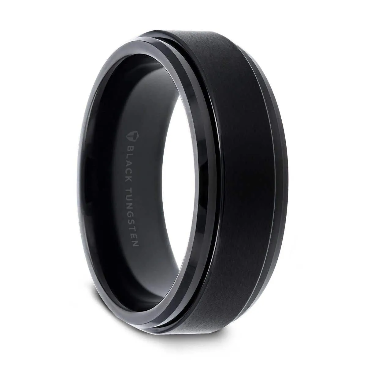 Thorsten REVOLVE Black Tungsten Brushed Finish Spinner Ring Polished Base Spinning Wedding Band - 6mm & 8mm