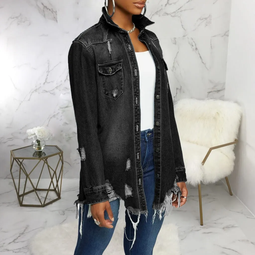 women's new stylish fashion acid-wash fray denim jacket