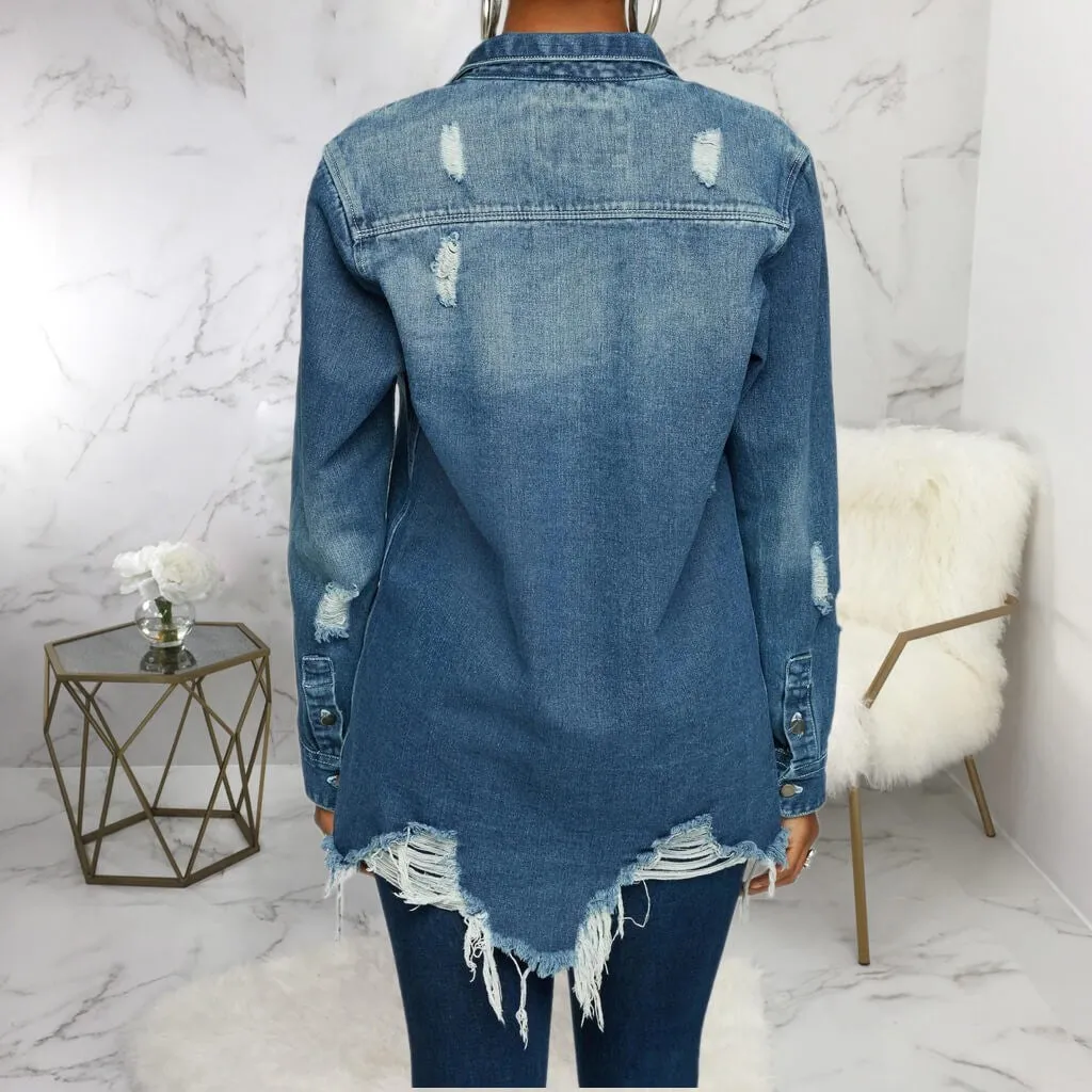 women's new stylish fashion acid-wash fray denim jacket