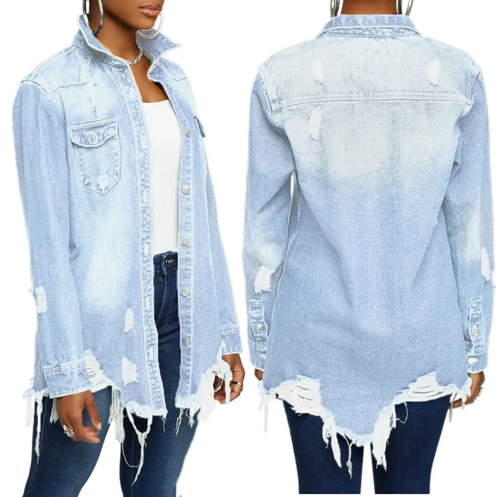 women's new stylish fashion acid-wash fray denim jacket