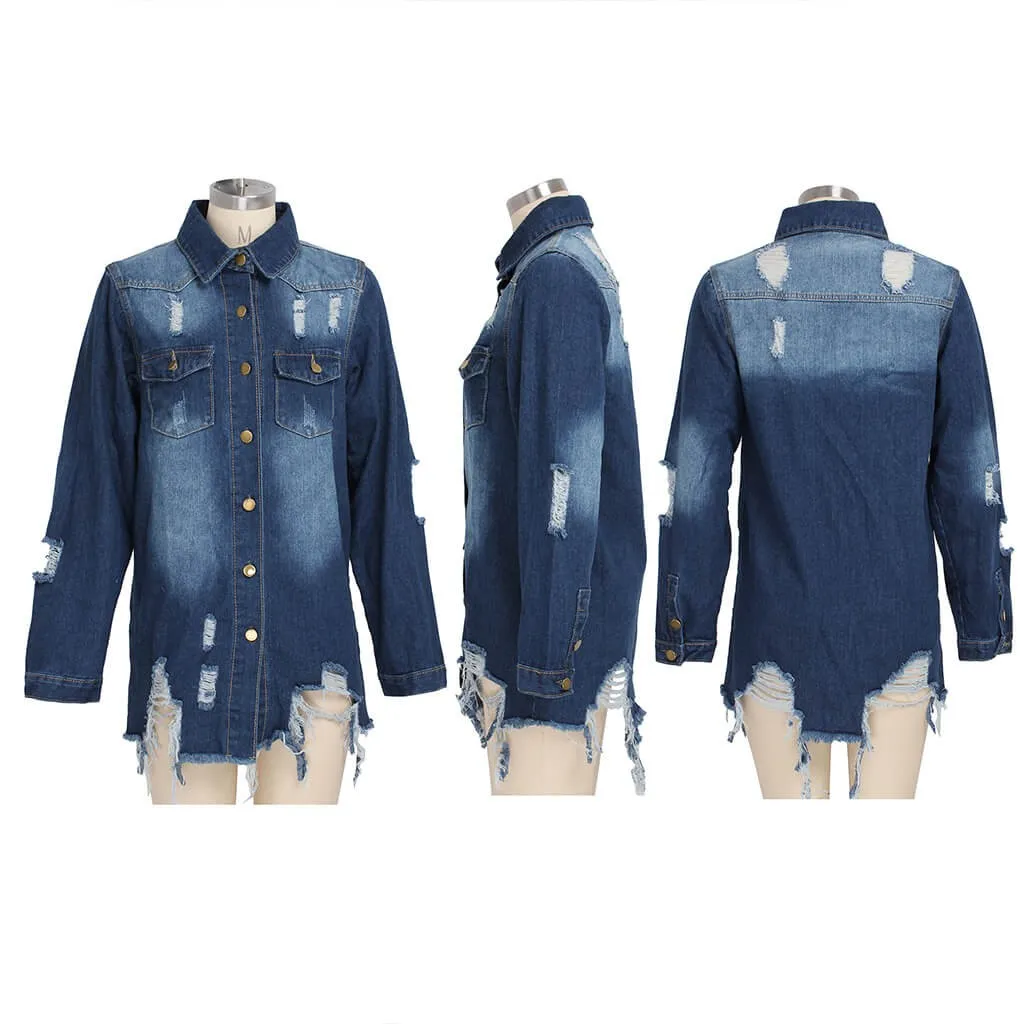 women's new stylish fashion acid-wash fray denim jacket