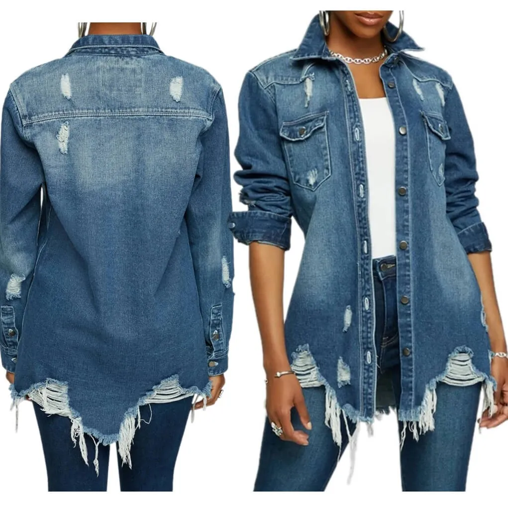 women's new stylish fashion acid-wash fray denim jacket