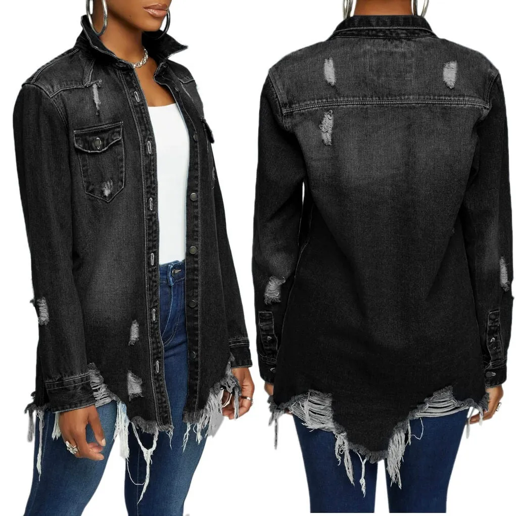 women's new stylish fashion acid-wash fray denim jacket